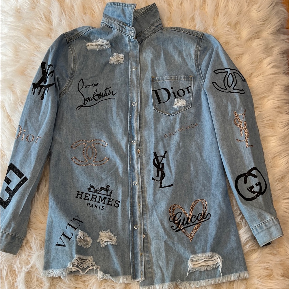 Dior Light Blue Distressed Denim Logo Patchwork Shirt Jacket